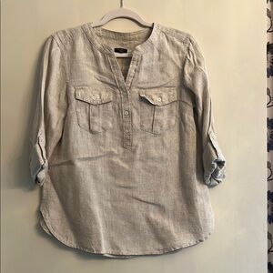 Talbots Tan Buttoned 3/4 Sleeve Mandarin Collar Blouse